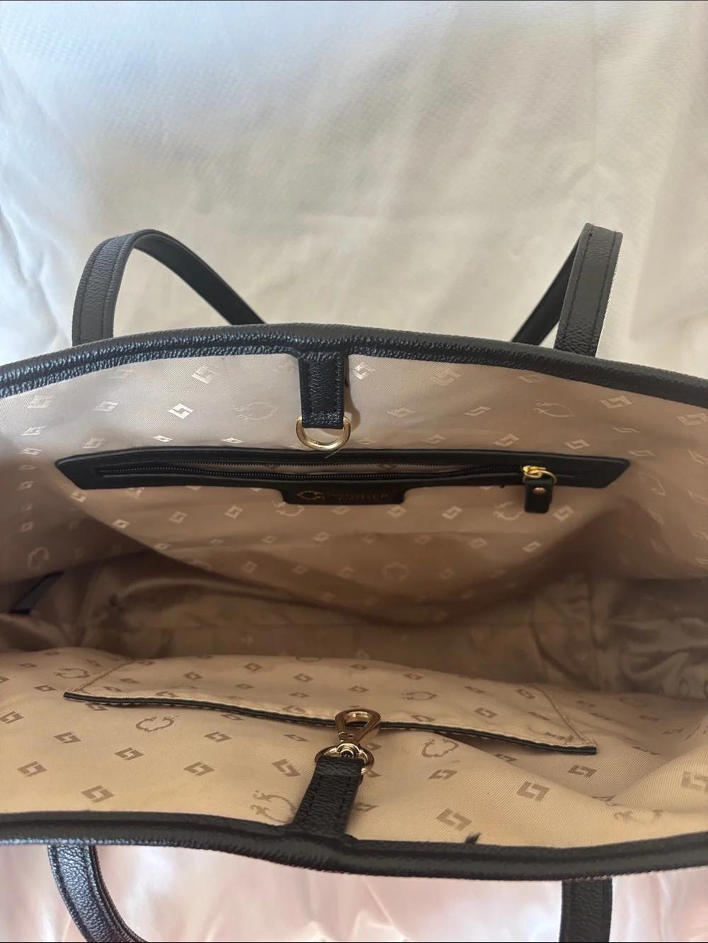 Black and Blue Leather Tote Bag with Gold 'C' Emblem